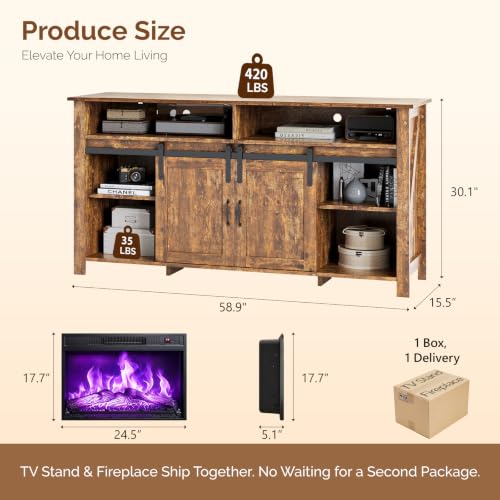 58" Fireplace TV Stand for up to 65" TVs, 1 Package, Farmhouse Brown, view 3