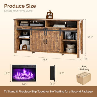 58" Fireplace TV Stand for up to 65" TVs, 1 Package, Farmhouse Brown, view 3