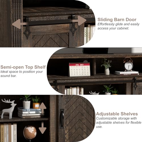 Farmhouse TV Stand for 65+ Inch TV, 31" Tall Entertainment Center with Adjustable Shelf, Rustic Media Console with Sliding Barn Door, Wood Television Stand for Living Room, Dark Rustic Oak