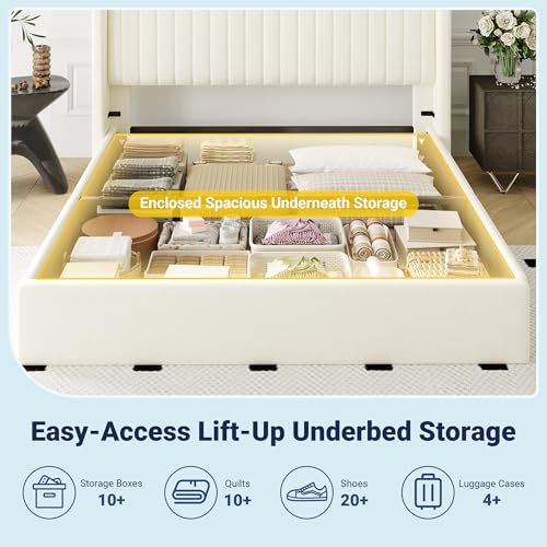 Queen Size Lift Up Storage Bed Frame Channel Tufted Headboard Cream, view 5