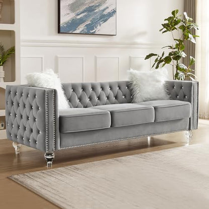 83" Chesterfield Sofa, Velvet Mid-Century Modern Upholstered Couch with 2 Throw Pillows and Acrylic Legs, Nailhead Button Tufted Vintage Sofa for Living Room, Apartment, Office, Grey