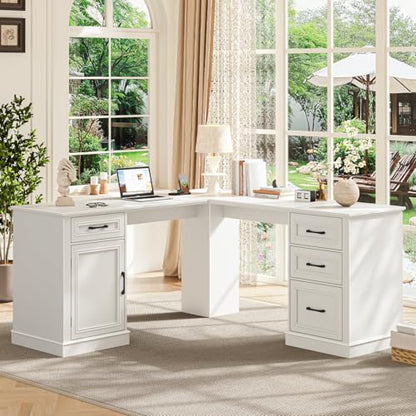 Farmhouse 59" L-Shaped Executive Desk with Drawers, Cream White, view 2