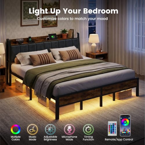 King Bed Frame with Storage Headboard and Charging Station, view 4