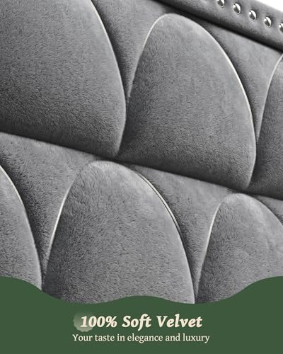 Velvet Wingback Bed Frame with Headboard, Noise-Free and Sturdy Wood Slat, Deep Gray, view 8