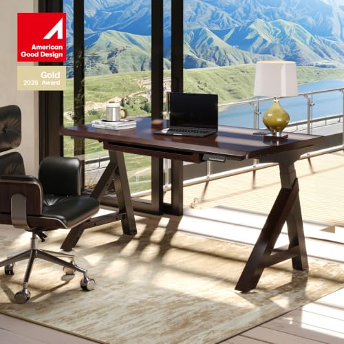 FLEXISPOT 63" WoodiX Solid Wood Executive Standing Desk with Drawer, Walnut, view 4