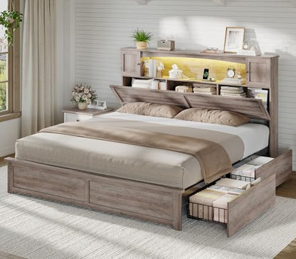 Farmhouse King Size Bed Frame with Bookcase and Storage Cabinets Headboard, view 2