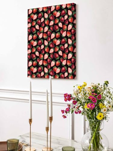 NuYeBiofx Summer Strawberry on Black Canvas Wall Art Prints,48"x32" Framed Picture Artwork Farmhouse Fruit Seamless Printed Canvas Oil Painting for Living Room Bedroom Office,Ready to Hang