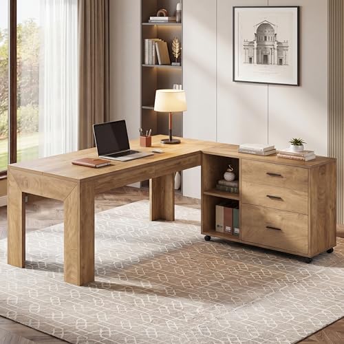 Tribesigns L Shaped Executive Desk with Drawers,Light Brown, view 5