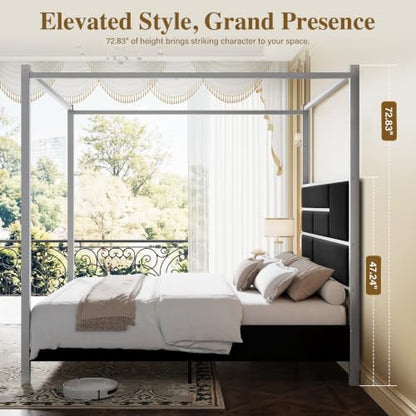 Queen Canopy Bed Frame, Velvet Upholstered with Silver Trim, Black, view 5