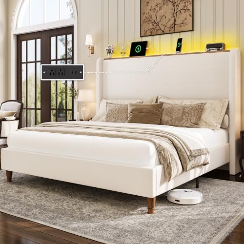 Queen Size Bed Frame with LED Lights and Charging Station Linen Upholstered, view 2