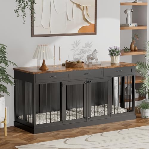 71 inches Double Furniture Style Dog Crate with 3 Drawers Indoor Wooden Dog, view 2