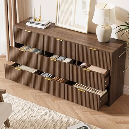 63" Wide Fluted 9-Drawer Dresser for Bedroom, Walnut, view 4