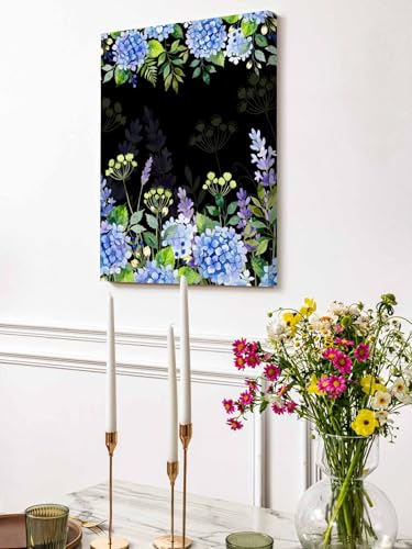 NuYeBiofx Watercolor Purple Hydrangea Canvas Wall Art Prints,48"x32" Framed Picture Artwork Garden Flower Leaves on Black Printed Canvas Oil Painting for Living Room Bedroom Office,Ready to Hang