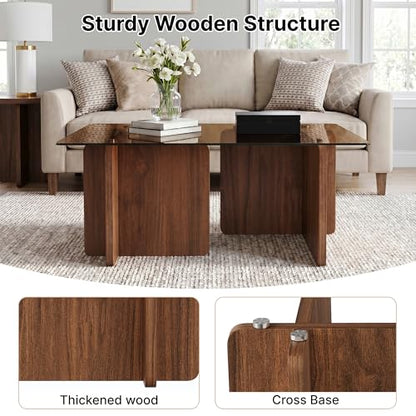 Modern Glass Coffee Table, 39.4 Inches Rectangular Center Tables for Living Room, Coffee Table with Wood Cross Base Easy Assembly Walnut