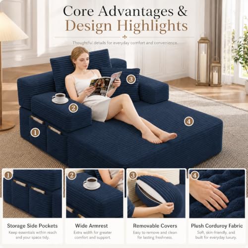 Oversized Chaise Lounge Chair Indoor,Corduroy Upholster Boneless Sofa Bed, view 6