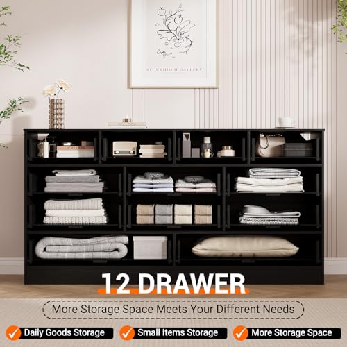 GAOMON Wooden Dressers for Bedroom with 12 Drawers, 61" Wide TV Stand Dresser for 65 inch TV, Rattan Chest of Drawers for Living Room, Hallway, Modern Wood Closet Dressers for Adult Room