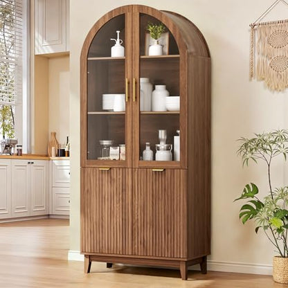 71" Tall Arched Cabinet with Glass Doors, Fluted Kitchen Pantry Cabinet, view 2