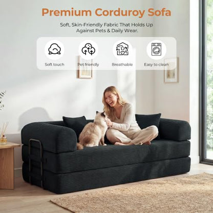 79'' Convertible Sofa Bed, 5-in-1 Folding Boneless Couch, Pull Out Floor Sleeper, Modular Lounge Sofa for Living Room Bedroom, Multi-Function Foldable Sofa (Black)