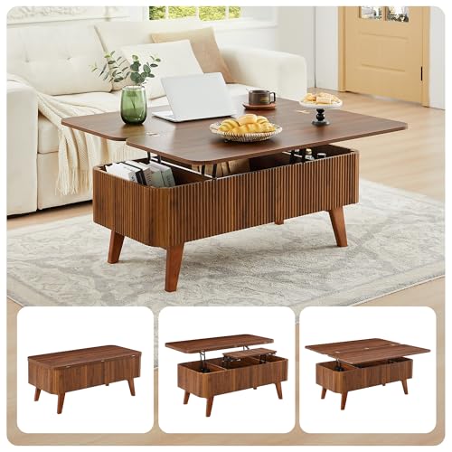 3 in 1 Lift Top Coffee Table, Fluted Convertible Coffee Tables Converts to Dining Tables, Modern Oval Wooden Center Table with Storage for Living Room Office Small Space, Partial Assembly (Walnut)