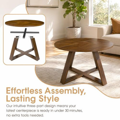 Round Coffee Table for Living Room, Circle Modern Coffee Table with Open Storage & Cross Base, Walnut Wooden Grain Accent Center Table for Small Space, Office, Apartment, Rustic Brown