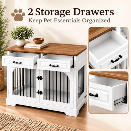 43.3" Dog Crate Furniture with Rotating Bowl for Large Medium Dogs, view 5