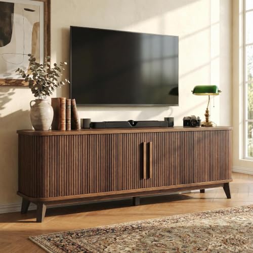 Mid Century Modern TV Stand for 80'' tv, Wood Entertainment Center, Walnut, view 2