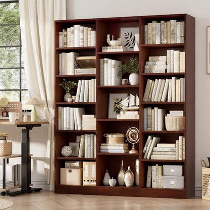 Triple Wide Bookshelf, 6 Tier Large Bookshelf, Bookcase with 17 Open Display Shelves, 74'' Tall Bookcases and Bookshelves for Living Room, Home Office, Library, Cherry