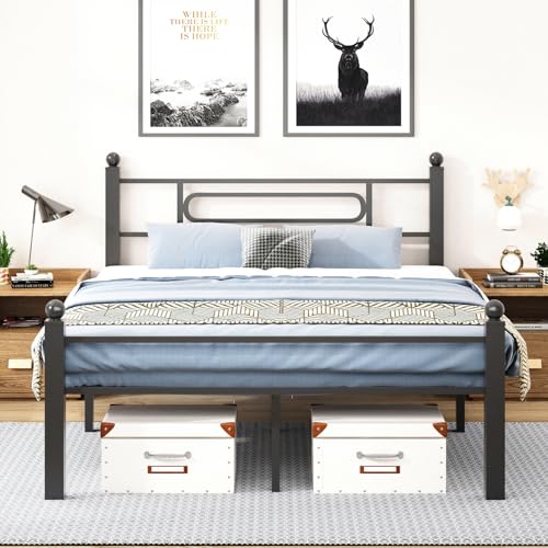 Black Metal Full Size Bed Frames with Headboard, Heavy-Duty Metal Slats Support, view 2