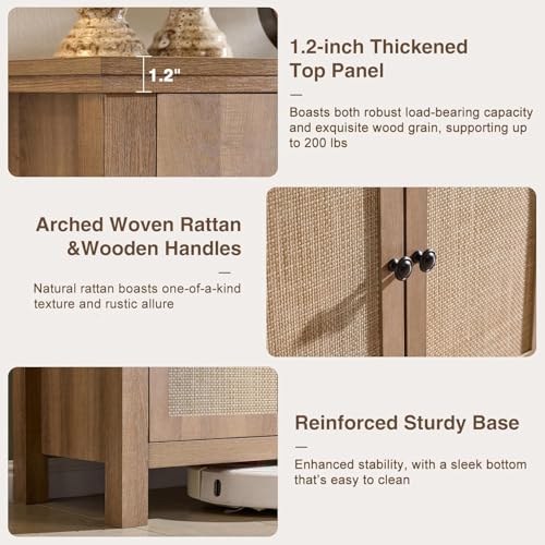 60" Rattan Sideboard Buffet Cabinet with Storage | Sideboard With Rattan Doors, Spacious Storage And Soft-Close Hinges, Ideal For Kitchens, Dining Rooms And Living Rooms