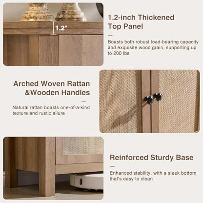 60" Rattan Sideboard Buffet Cabinet with Storage | Sideboard With Rattan Doors, Spacious Storage And Soft-Close Hinges, Ideal For Kitchens, Dining Rooms And Living Rooms