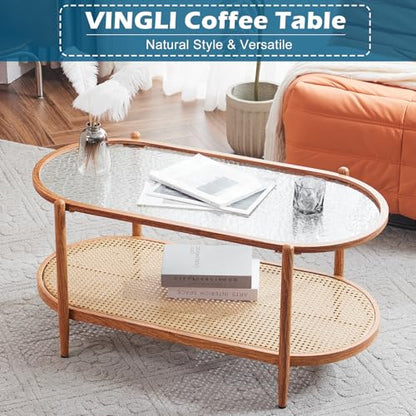 38" Rattan Oval Coffee Table, Water-Wave Glass Metal Center Table, Modern Coffees Table with 2-Tier Storage, Farmhouse Coffe Table for Living Room and Small Space, Natural Vibe
