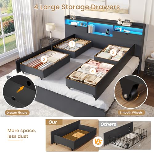 King Bed Frame with Storage Headboard and 4 Underneath Drawers, view 5