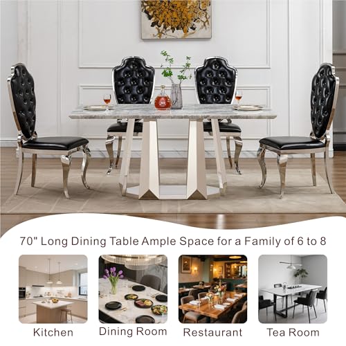 Marble Dining Table for 6 People, 70'' Rectangle Faux Marble Dining Table with Mirrored Stainless Steel Base, Large Size Marble Kitchen Table (Silver,Grey)(only Table)