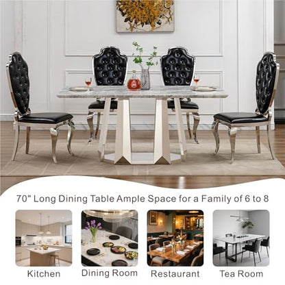 Marble Dining Table for 6 People, 70'' Rectangle Faux Marble Dining Table with Mirrored Stainless Steel Base, Large Size Marble Kitchen Table (Silver,Grey)(only Table)