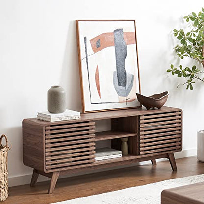 Ensley 59" Tall TV Stand with Slatted Door, Mid Century Modern Entertainment Center for 55-65 inch TV, Farmhouse Media Console with Storage, Adjustable Shelves, Round Edges, Living Room (Walnut)