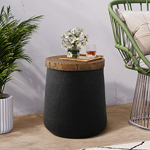 Drum End Table Cylinder Shaped Concrete Side Table Faux-Wood Top, Black Outdoor Accent Table with Tree Trunk Slice Hand Painted, Accent Stool