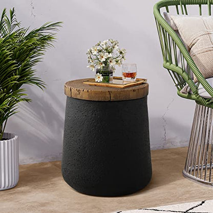 Drum End Table Cylinder Shaped Concrete Side Table Faux-Wood Top, Black Outdoor Accent Table with Tree Trunk Slice Hand Painted, Accent Stool