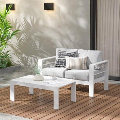 Aluminum Outdoor Furniture Patio Coffee Table, All-Weather Outdoor Metal Coffee Table, Modern Rectangle Coffee Table for Balcony, Garden, White
