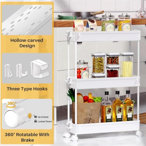 Slim Rolling Storage Cart, 3 Tier Bathroom Cart Organizer,White, view 5
