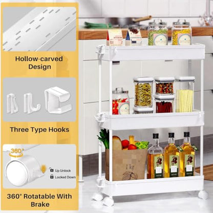 Slim Rolling Storage Cart, 3 Tier Bathroom Cart Organizer,White, view 5