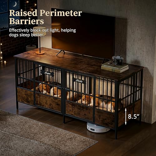 67" Double Dog Crate Furniture with Divider, Brown, view 6
