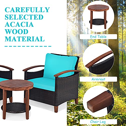 3 Pieces Patio Furniture Set, Outdoor Rattan Sofa and Side Table w/Solid Acacia Wood Frame, High Load Bearing Conversation Bistro Set w/Washable and Removable Cushions (Turquoise)