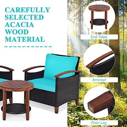 3 Pieces Patio Furniture Set, Outdoor Rattan Sofa and Side Table w/Solid Acacia Wood Frame, High Load Bearing Conversation Bistro Set w/Washable and Removable Cushions (Turquoise)