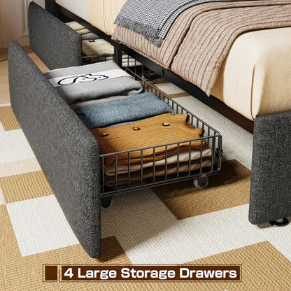 King Size Bed Frame with 4 Storage Drawers and LED Headboard, view 6