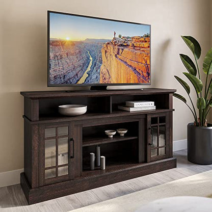Traditional 58 Inch Rustic Wood TV Stand & Media Entertainment Center Console Table for TVs up to 65 Inches with Open Storage Shelves & Cabinets - Astorga (Espresso)