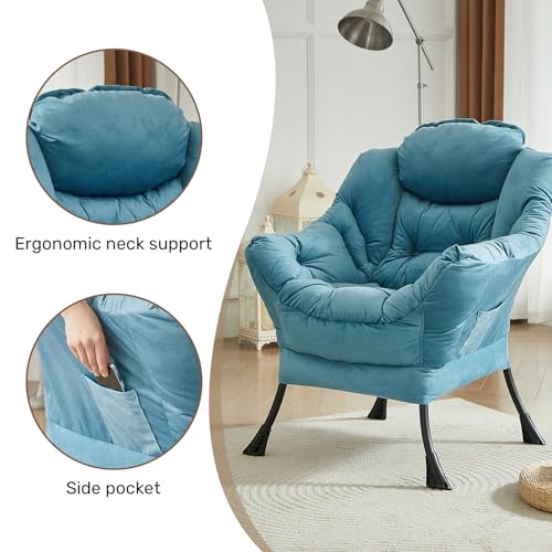 Lazy Chair with Armrest and Side Pocket, Comfy Accent Lounge Chair,Leisure Sofa Armchair for Living Room, Bedroom, Dorm, or Small Spaces, Oversized Reading Sofa Chair, Textured Blue