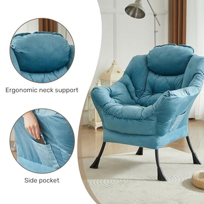 Lazy Chair with Armrest and Side Pocket, Comfy Accent Lounge Chair,Leisure Sofa Armchair for Living Room, Bedroom, Dorm, or Small Spaces, Oversized Reading Sofa Chair, Textured Blue