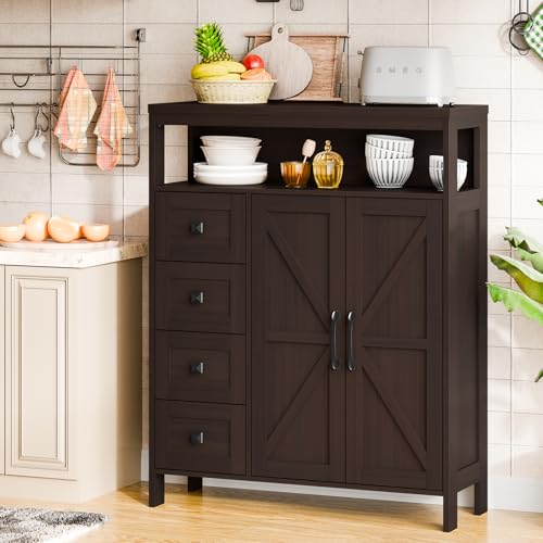 Farmhouse Storage Cabinet with 2 Doors and 4 Drawers, Freestanding Bathroom Compartment Kitchen Pantry Cabinet, Floor Cupboard for Kitchen/Living Room/Bathroom, Espresso