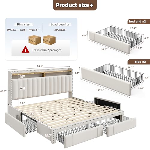 King Size Bed Frame with 4 Storage Drawers & Storage Headboard, view 3