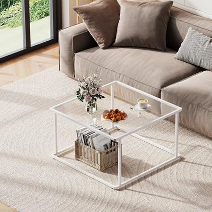 Coffee Table, Glass Coffee Table for Living Room, Modern Small Coffee Table with Tempered Glass & Metal Frame, Square Center Table for Small Spaces Apartment, Office, 26.4 x 26.4in, White